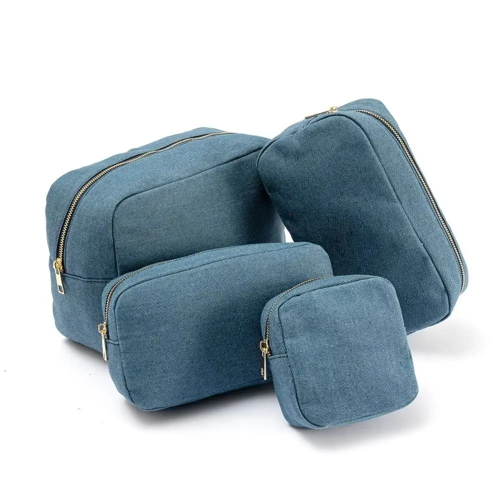 

4-размерная синяя джинсовая косметичка, винтажная сумка для хранения на молнии, дорожная сумка для хранения канцелярских принадлежностей, однотонный джинсовый чехол для туалетных принадлежностей