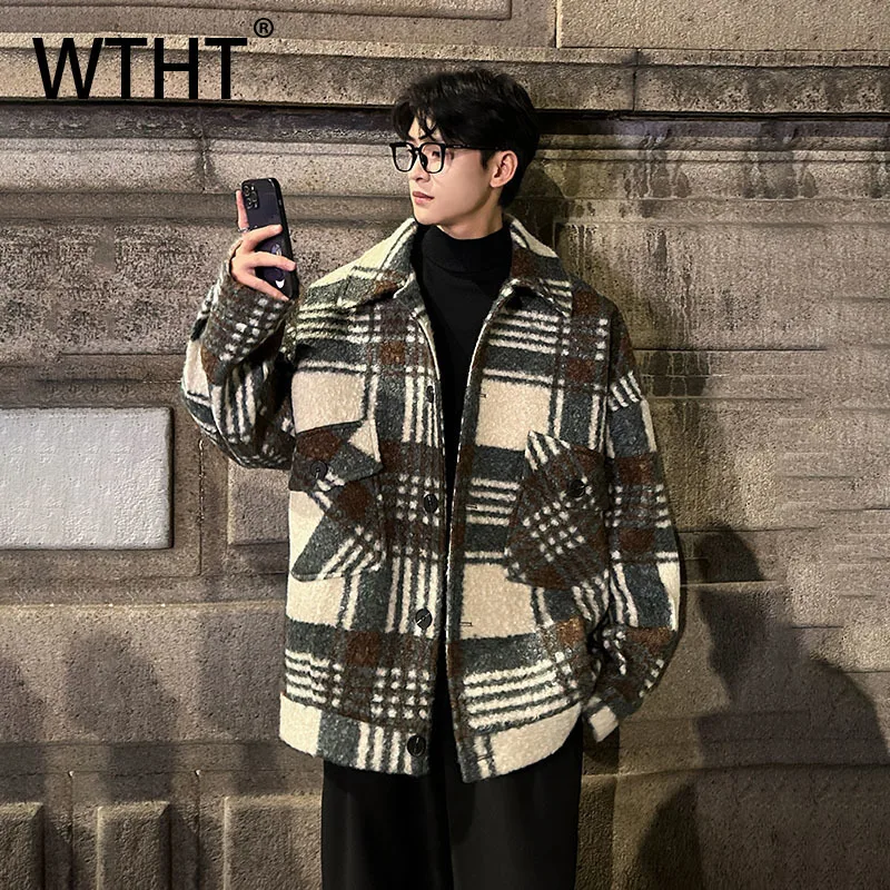 

WTHT Fashion 2025 Autumn Men's Plaid Contrast Color Loose Coats Trendy Turn Down Collar Single Breasted Jakcets Male 2A2179