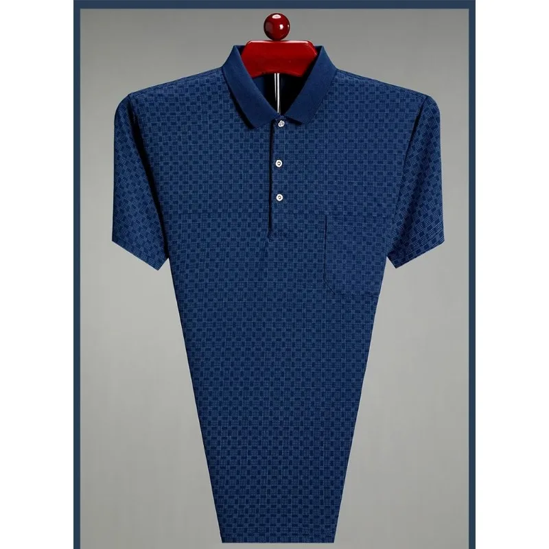 Summer Men's Textured Check Polo Shirt Short Sleeve Turn Down Collar Pocket Button Placket Combed Cotton Casual Business Top