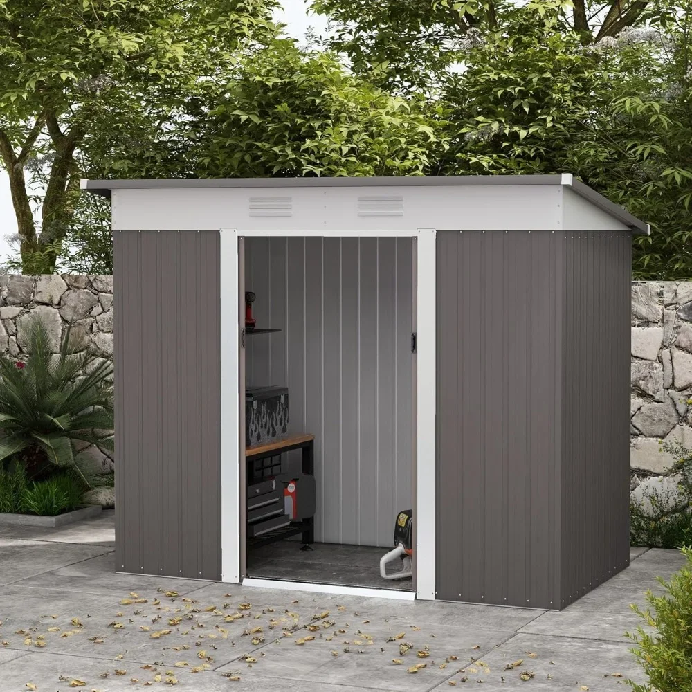 Outdoor Storage Shed 8' x 4' Metal Lean to Garden Shed, , Garden Tool House with Double Sliding Doors, 2 Air Vents for Backyard