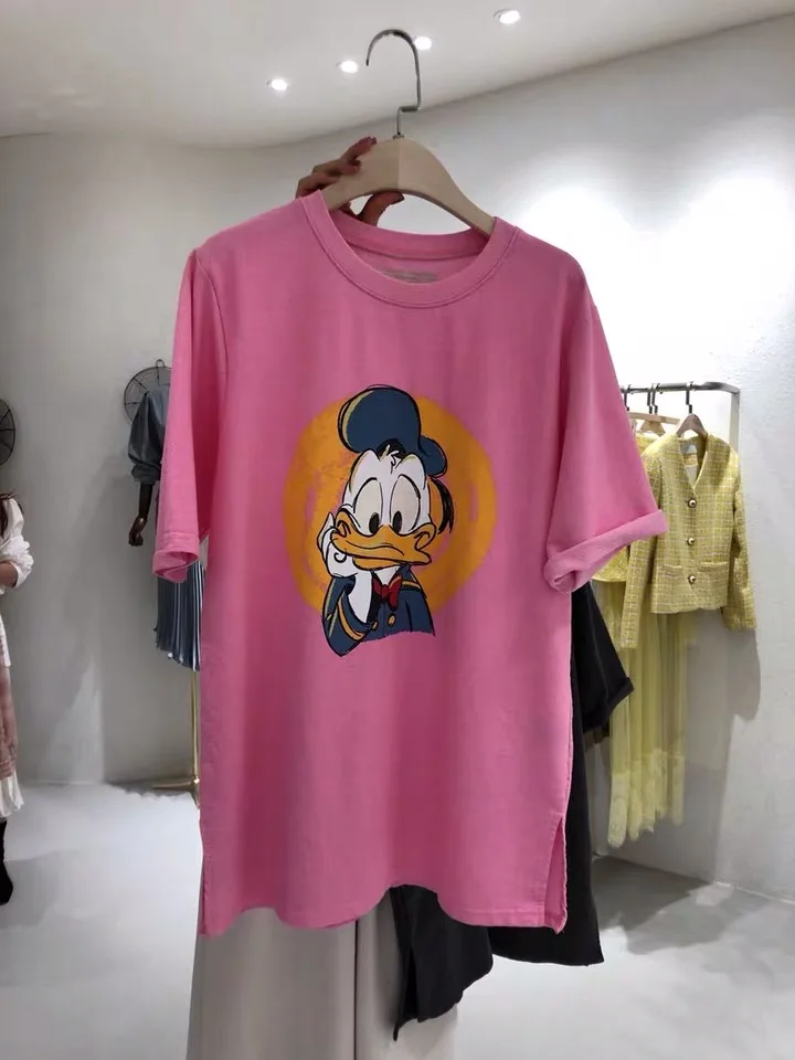 2023 Lente Zomer Koreaanse Stijl Losse Katoenen Cartoon Print Korte Mouwen T-shirt Voor Vrouwen Casual Veelzijdige Tee Top trui