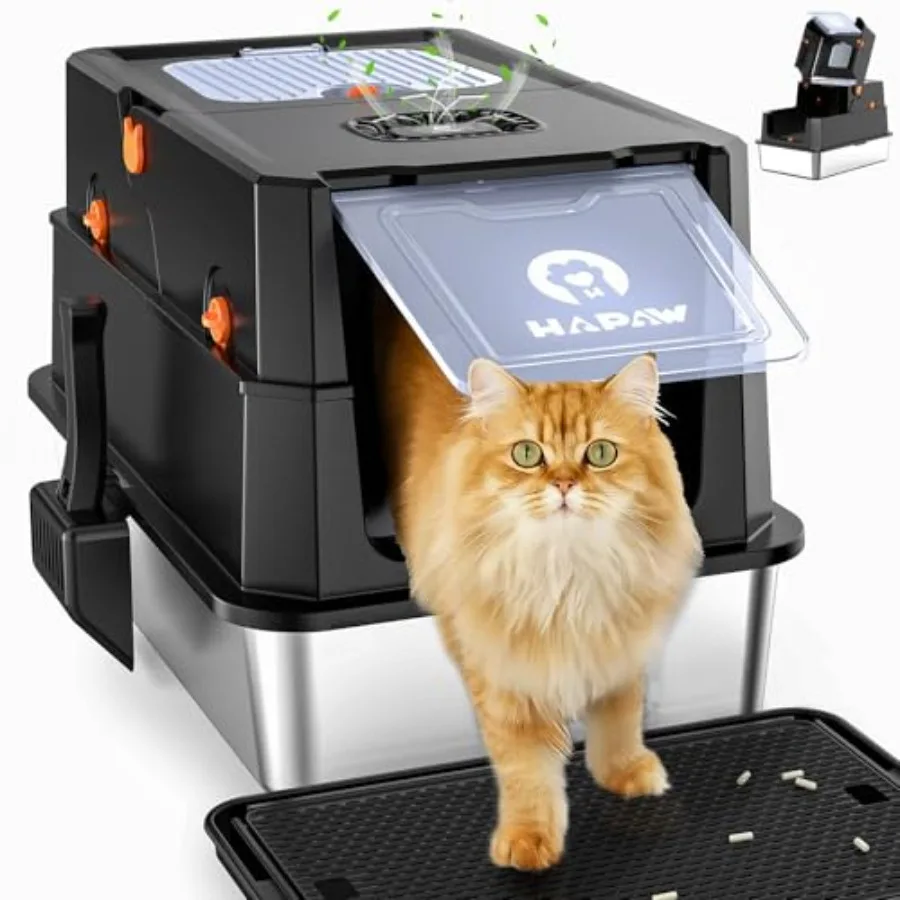 

Stainless Steel Litter Box with Lid, Anti-Leakage Enclosed Metal Litter Box, Flip-Top Extra Large Kitty Litter Pan with Scoop a