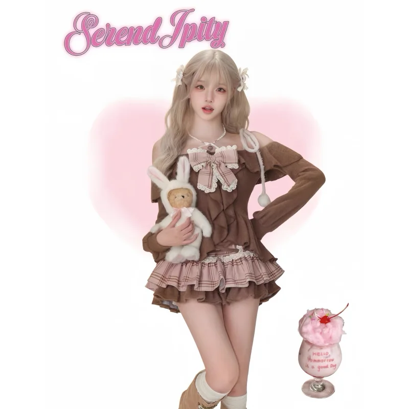 Winter Sweet Lolita New Two Piece Set Women Long Sleeve Bow Tops+plaid Cake Mini Skirt Female Korean Designer Kawaii Set 2024