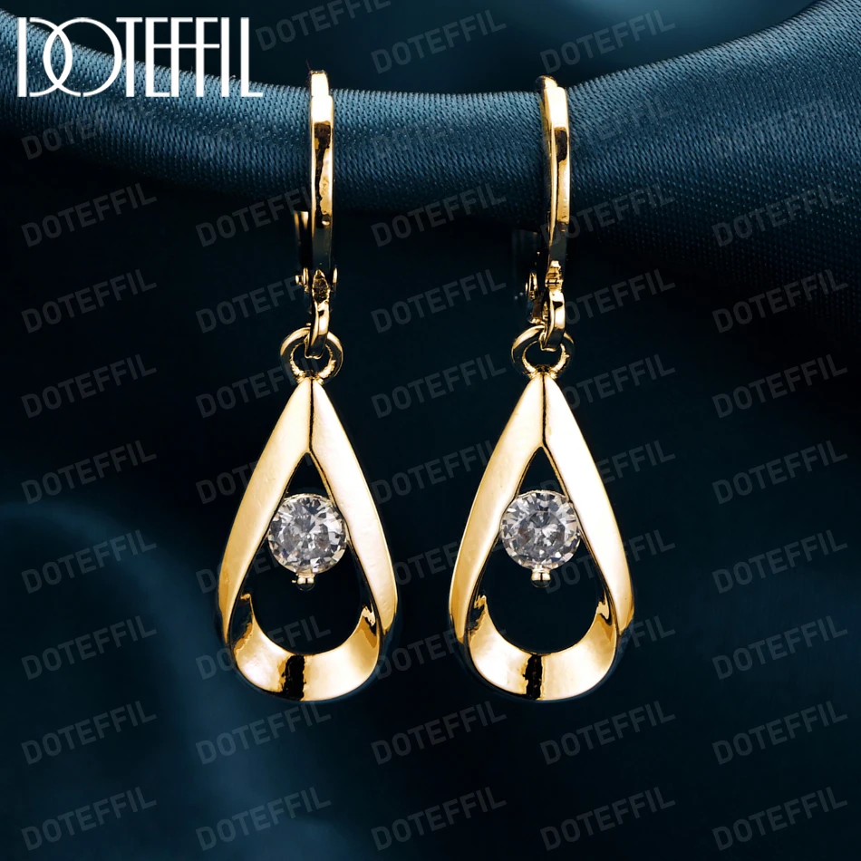 DOTEFFIL 18K Gold AAA Zircon Water Drop/Rain Drop Earrings Charm Women Jewelry Fashion Wedding Engagement Party Gift