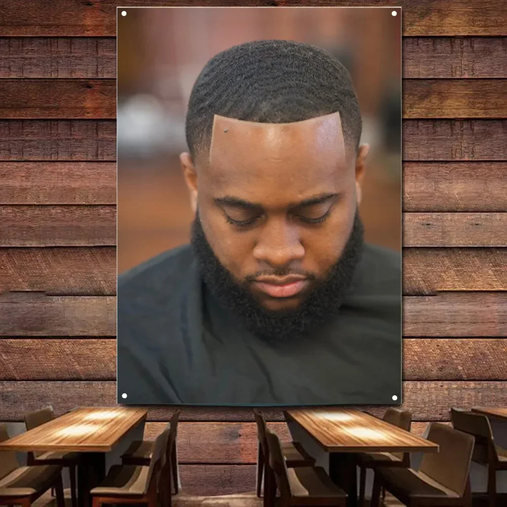 Black Men Wavy Hairstyles Poster Vintage Barber Shop Wall Art Decor Banner Flag Haircut & Shave Salon Tapestry Wall Decorative
