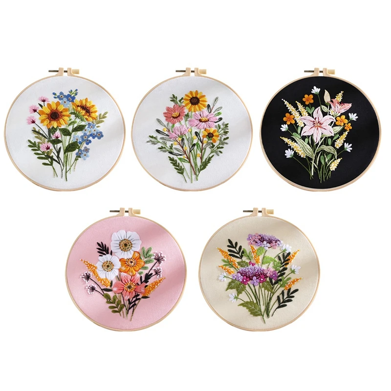 5 Sets Embroidery Kit For Beginners Adults , Includes Stamped Flower Pattern, Hoop, Color Threads, Tools, Fine Workmanship