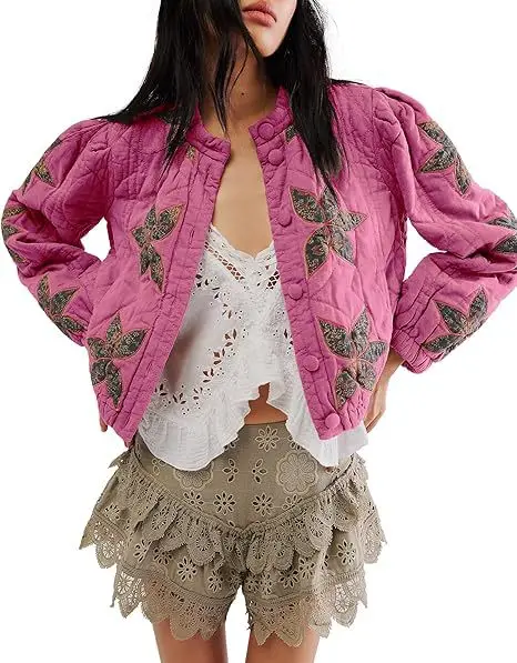 Piumino corto da donna in cotone sciolto con applicazioni di foglie d'acero, stile occidentale, ufficio elegante, confortevole, casual, caldo, multicolore