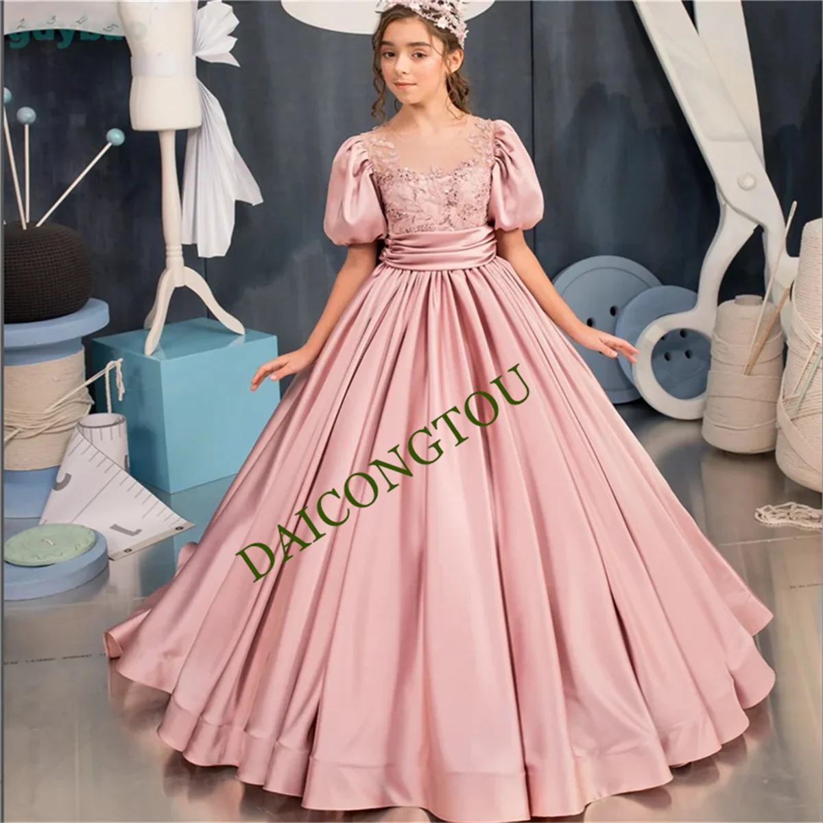 CustomizedPink Satin Flower Girl Dress For Wedding Puffy Applique Short Sleeves Floor Length With Bow Birthday Party First Commu