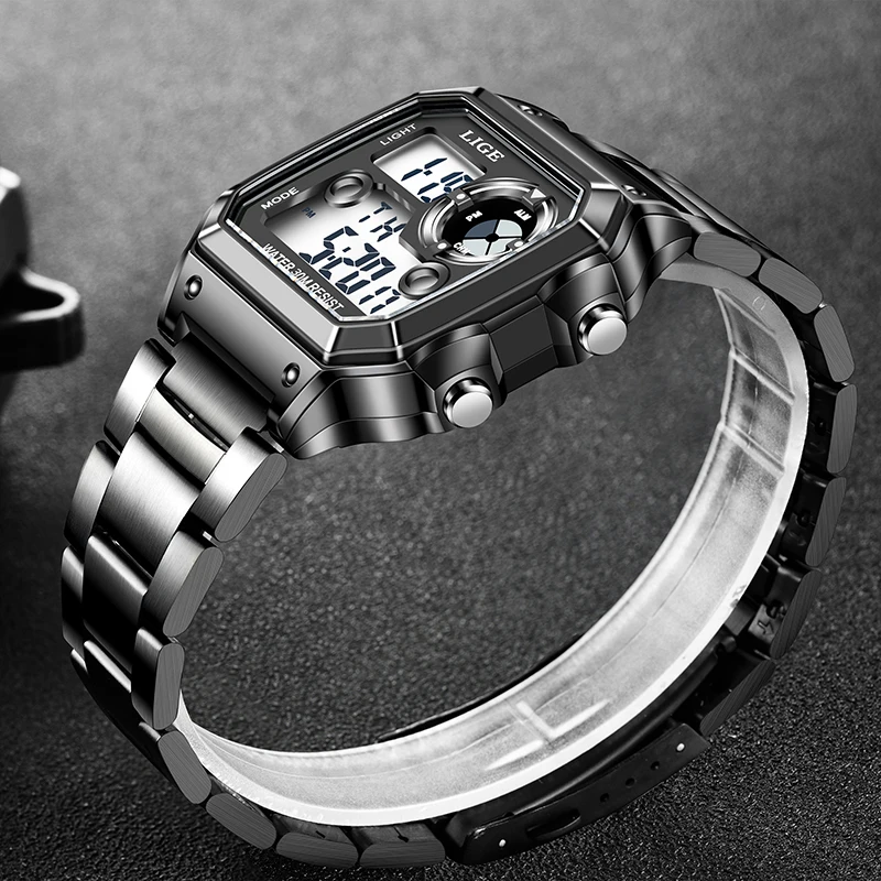 ساعة LIGE الفاخرة الإلكترونية للرجال مربعة الشكل من الفولاذ المقاوم للصدأ ساعات مضيئة للرجال كاجوال رياضية مقاومة للماء للأسبوع وساعة منبه للتاريخ