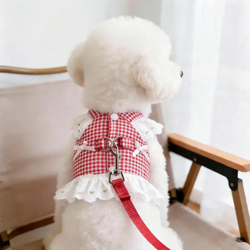 Dog Harness Dress for Small Dogs Lace Plaid Puppy Harness Vest Adjustable Walking Outfit Cute Pet For Breed Chihuahua Clothe - view 6