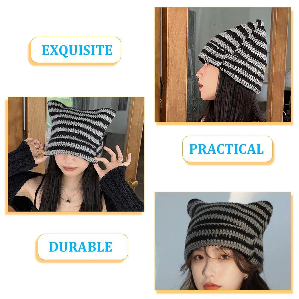 

Cat Ear Knitted Beanie Hat Winter Warm Acrylic Fiber Hat for Women Outdoor Casual Thermal Headwear Fashion Accessory