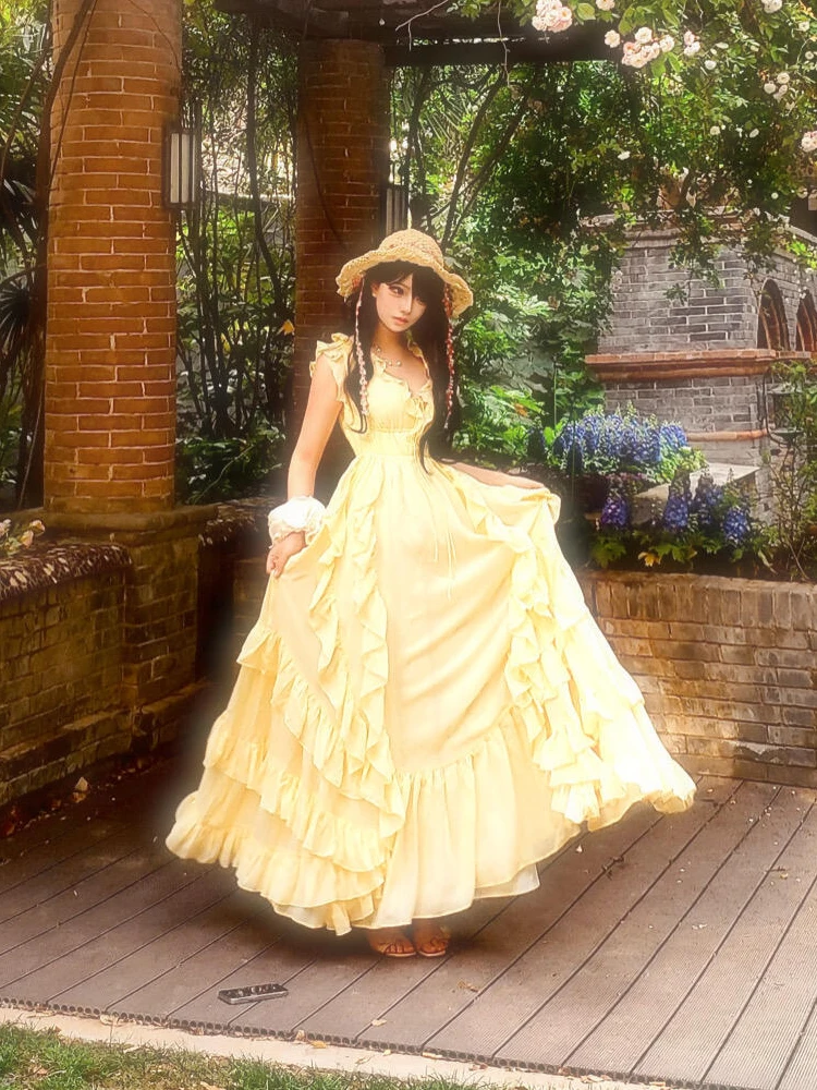 ReddaChic Sukienka Tank Top z Dekoltem V, Damska Szyfonowa Sukienka z Nieregularnymi Falbanami, Bandazowym Tyłem, Odkrytymi Plecami, Długa, Zwiewna Sukienka w Stylu Boho, Letnia Odzież