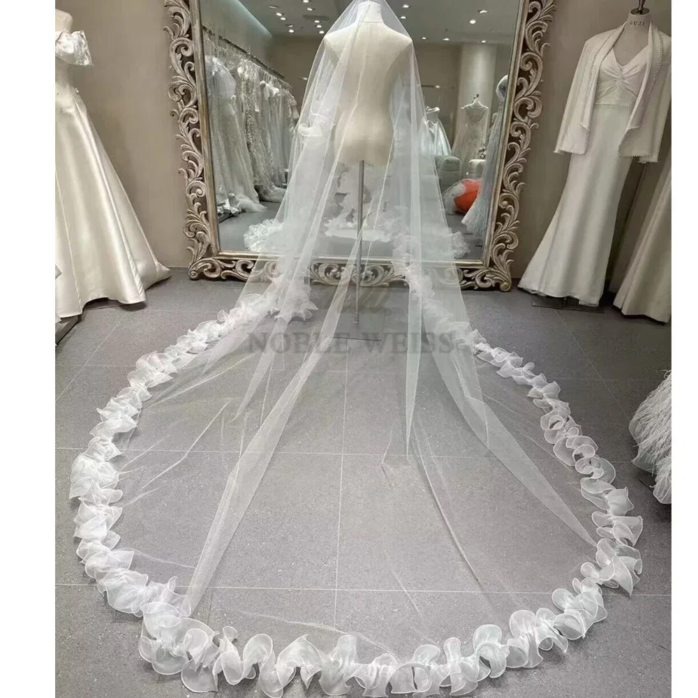 Véu de noiva longo 1t com babados, borda de organza, tule, véu de noiva, acessórios de casamento personalizados