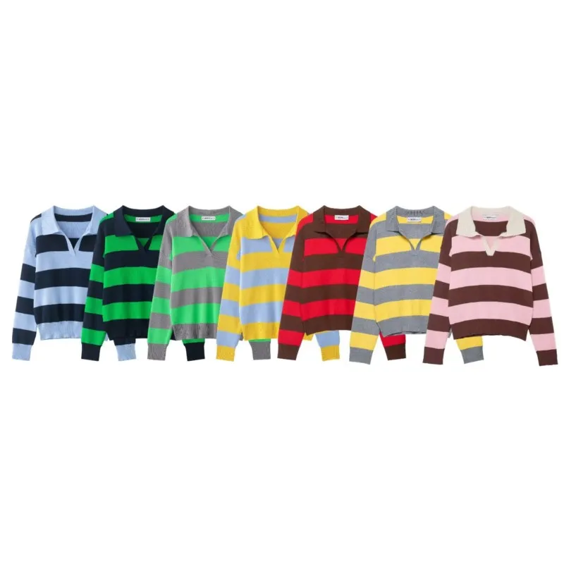 

Women's Striped Knitted Pullover Casual Fashion Polo Collar Long Sleeves Loose Tops Autumn Vintage Female Chic Sweaters
