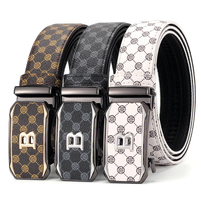 Men's Automatic Buckle Belt B Logo Buckle Ratchet Slide No-Hole Adjustable Business Casual, 3-Pack Brown Black White
