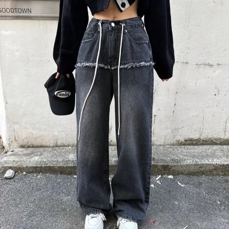 

Patchwork raw edge high-waisted jeansinsWomen's Fashion2025Drawstring versatile design wide-leg pants in black and gray
