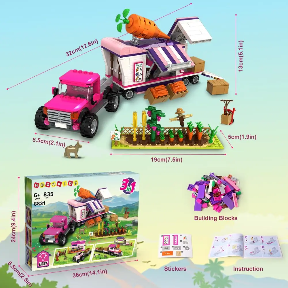 HOGOKIDS-juguetes de construcción de granja 3 en 1, camión de tren de mercado con LED, agrícola, con pegatinas, regalo de cumpleaños para niñas y niños, Age6 +