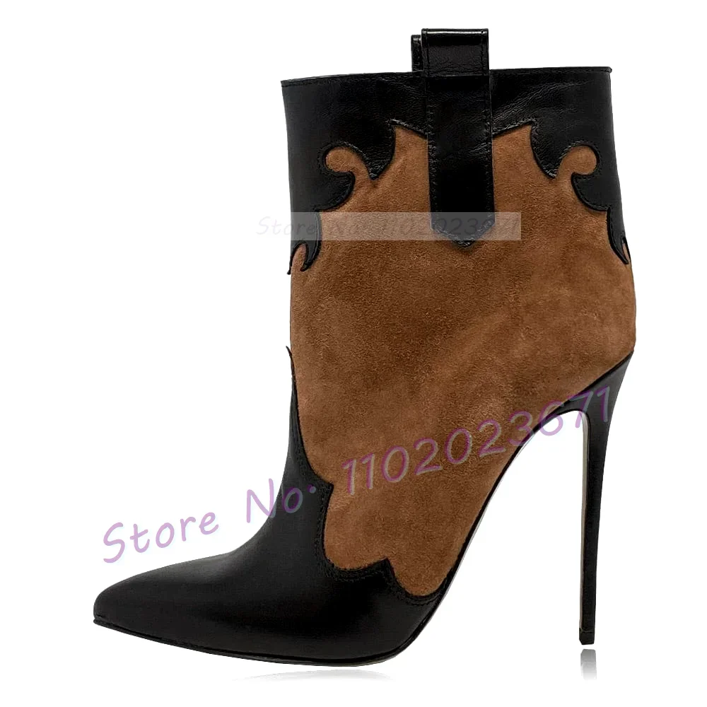 Stylish Patchwork Western Ankle Boots Women Retro Pointy Toe Stiletto High Heels Boots Female Elegant Mixed Color Casual Shoes