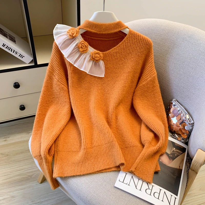 البرتقال 3D زهرة الربط الجوف خارج Ne شنقا Batwing Sve تصميم فريد سترة الخريف الشتاء المرأة طويلة Sve طاقم...