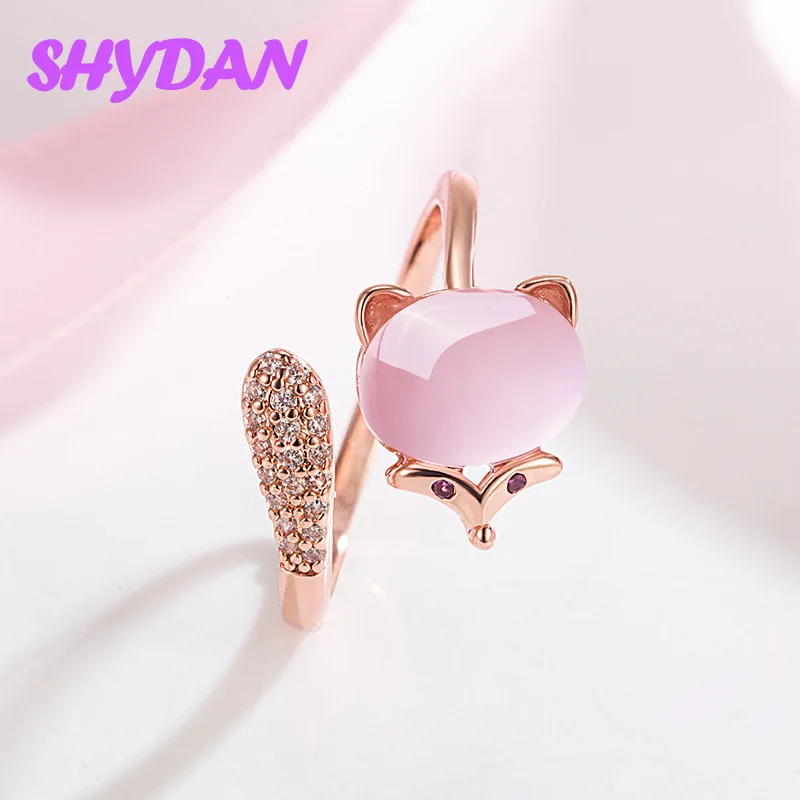 SHYDAN 925 Silver Rose Gold Fox Pink Crystal Ring For Women Fashion Jewelry