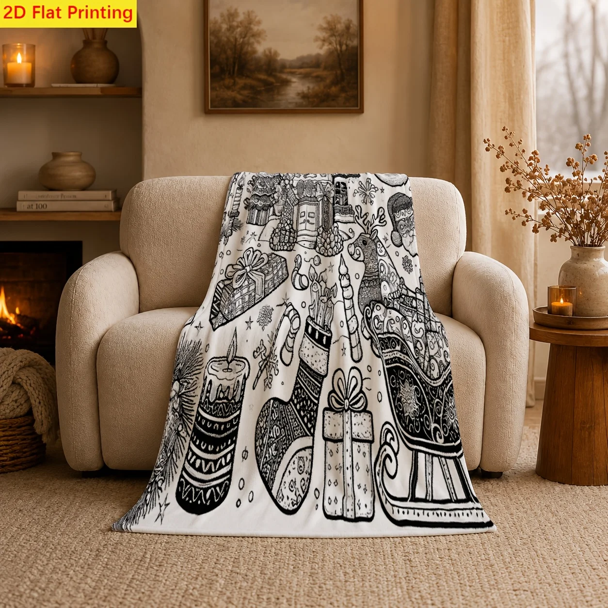 1pc 2D Flat Black‑White Line‑Art Christmas Printed Throw Blanket, Washable Dual‑use Decor Blanket for Sofa, Bed, Nap, Office