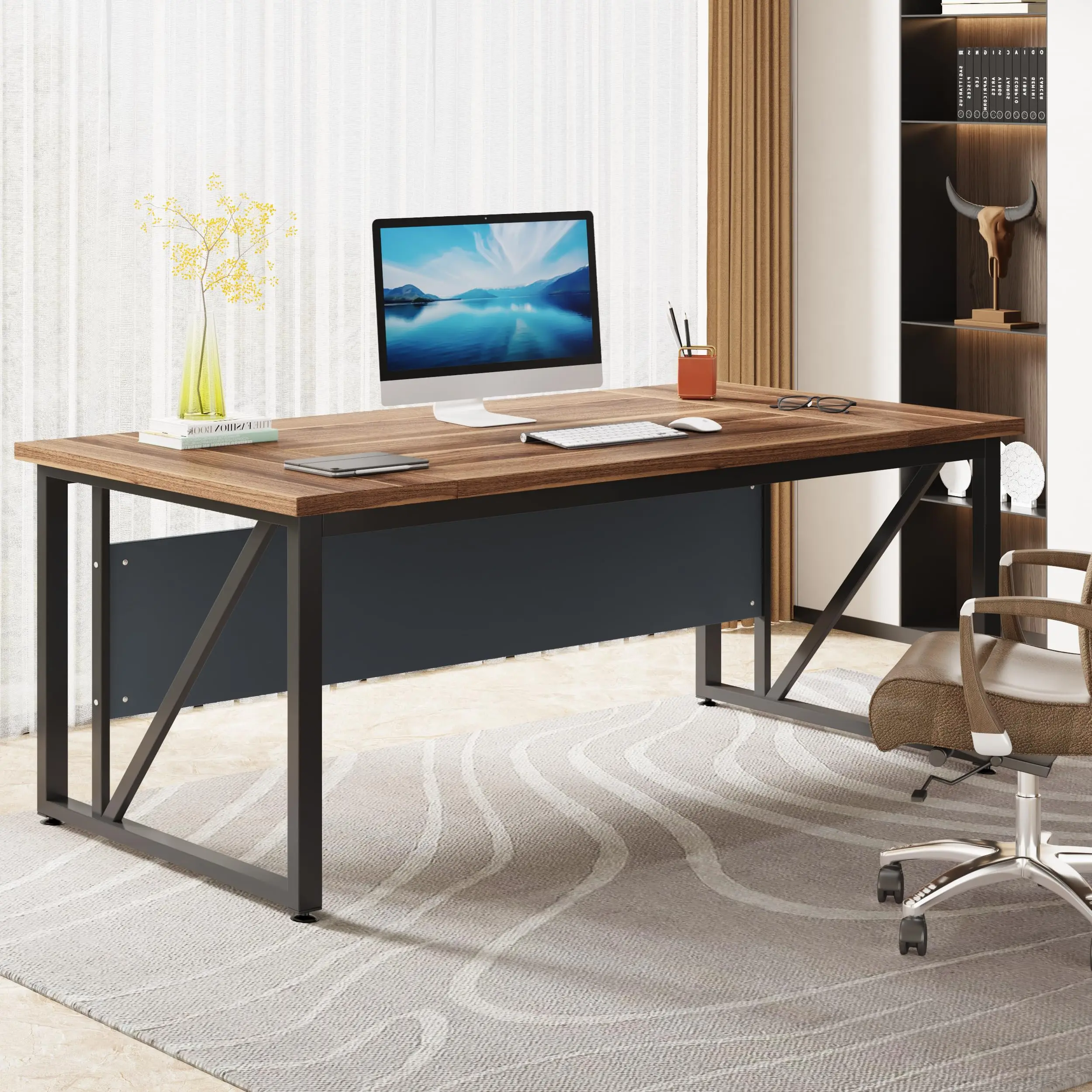 Tribesigns 63 inches Computer Desk, Modern Home Office Desk Writing Table for Workstation,Dark Walnut + Steel Leg， Cabinet not I