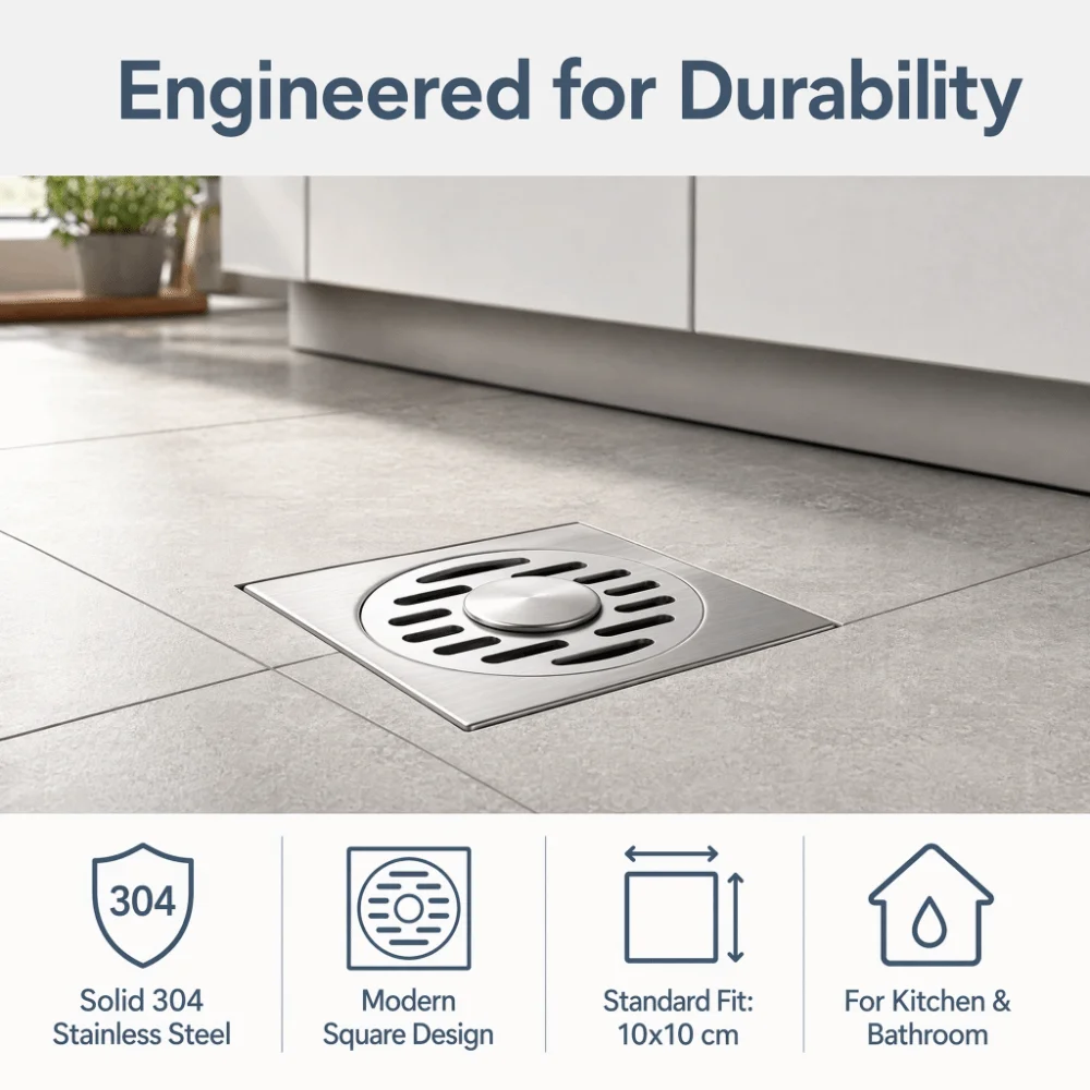 304 Stainless Steel Floor Drain Removable Cover Square Shape Hair Stopper Odor Prevention Anti Backflow Drain Protector Garage