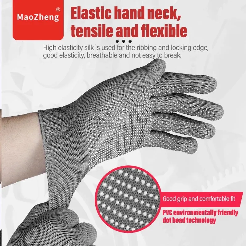 3 Pairs Of MaoZheng Grey Nylon Non-slip Dot Bead Breathable Wear-resistant Work Gloves Electrician Work Maintenance Gloves