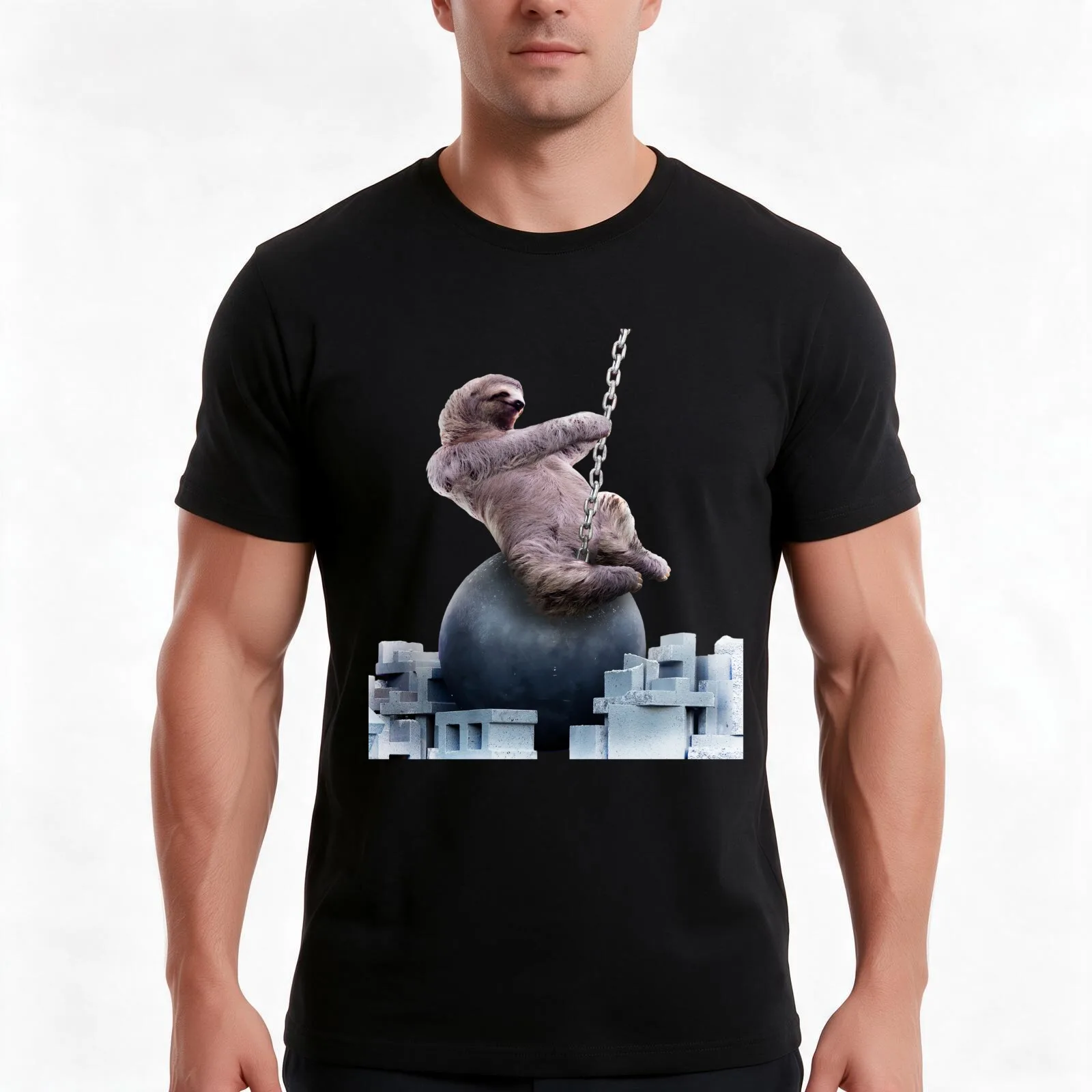 Wrecking Ball Sloth T-Shirt, Summer Casual Cotton Tee, Oversized Streetwear Tops, Vintage Graphic Print, Loose Fit Short Sleeve