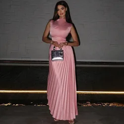 OEING Elegant A-Line Pink Prom Dresses High Neck Side Split Party Gowns Pleats Floor-Length Soft Tulle Dress Customized