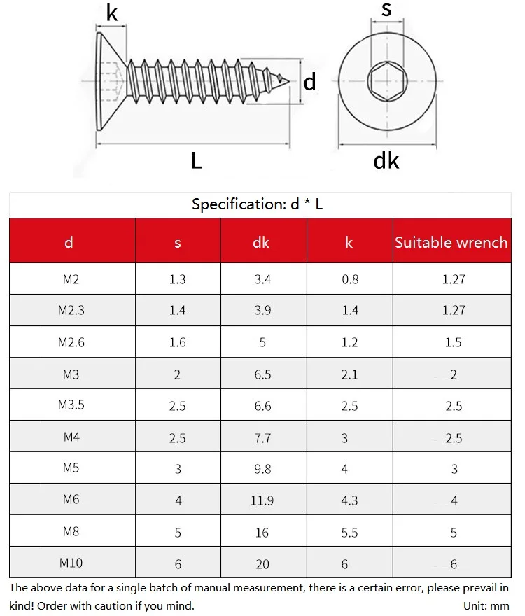 M2 M2.3 M2.6 M3 M3.5 M4 M5 M6 M8 M10 Black 304 Stainless Steel Allen Hexagon Hex Socket Flat Countersunk Head Self Tapping Screw