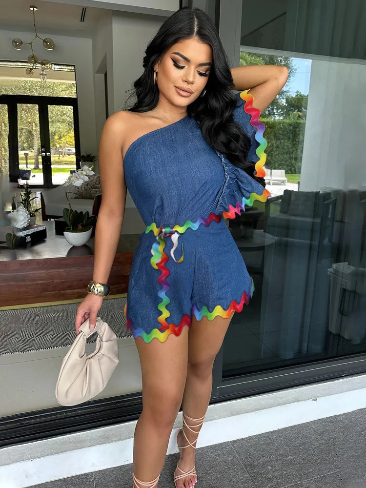 

New Fashion Slant Shoulder Loose Jumpsuit Wave Ribbon Splicing Cowboy Style