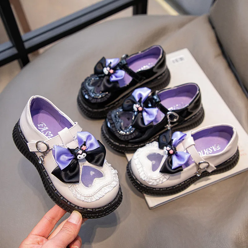 Girls Leather Shoes for Party Wedding Kids Cartoon Sanrio Kuromi Princess Shoes T-Strap Fashion Children School Flats Bowtie New