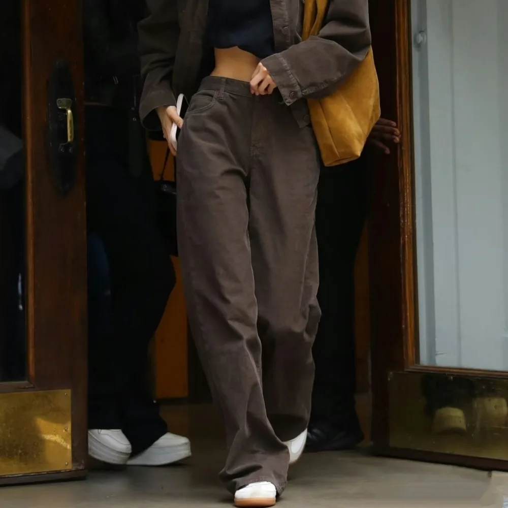 Dark Brown High-waisted Corduroy Cotton Comfortable and Elegant Wide-leg Casual Pants