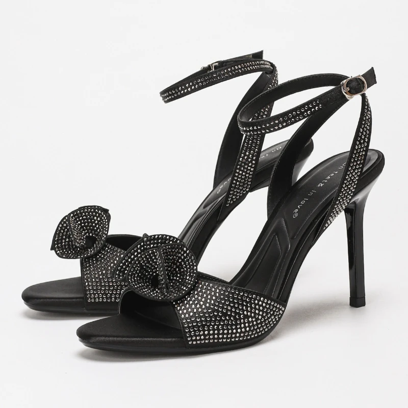 Elegant Rhinestone Flower Embellished High Heeled Sandals for Women Sexy Open Toe Ankle Buckle Heels Luxury Party Designer Shoes