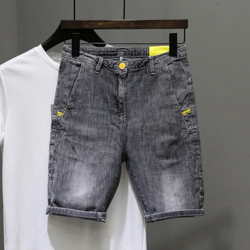 Short Jeans Pants For Men Gray Graphic Man Denim Shorts Original Harajuku Y2k Designer Cut Summer Wide With Korean Style New In