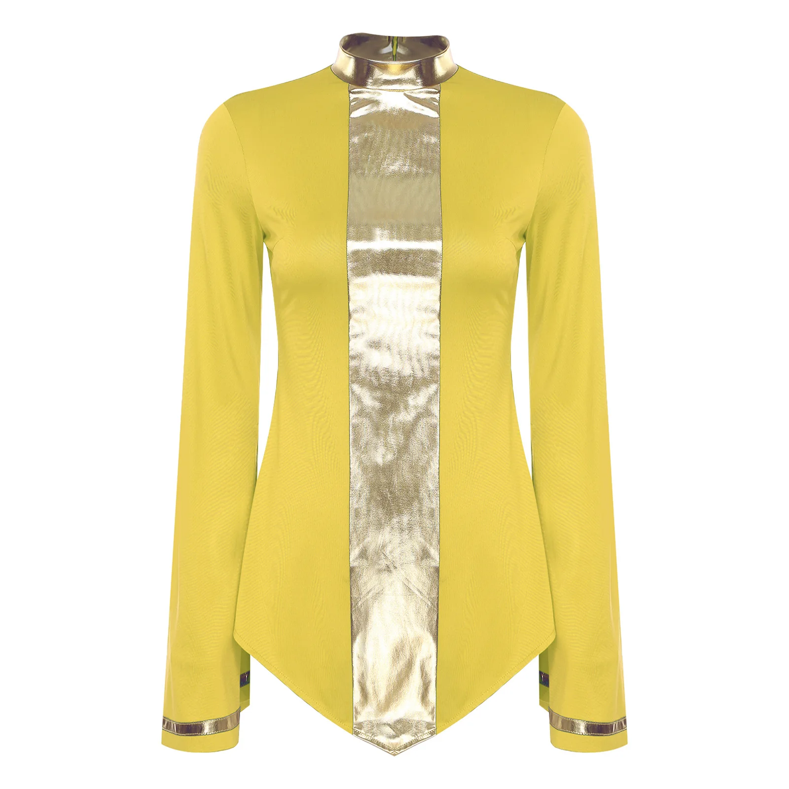 

Women Worship Liturgical Praise Dance Shirts Mock Neck Flared Long Sleeve Zipper Metallic Blouse Top for Stage Lyrical Dancewear