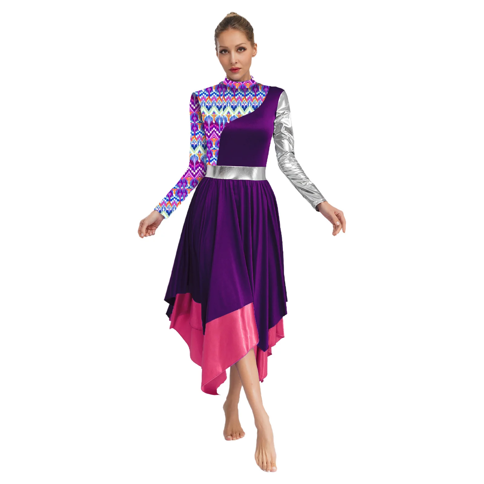 

Womens Liturgical Praise Dance Costume Long Sleeve Irregular Hem Printed Dress And Metallic Patchwork Wide Leg Pants Dancewear