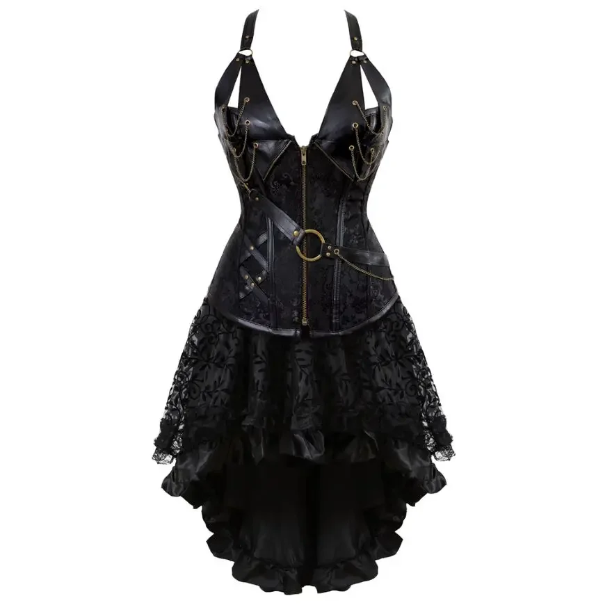 Steampunk Corset Skirt Set Sexy Gothic Leather Strap Corset Dress for Women Rave Party Outfit Halloween Pirate Costume Plus Size