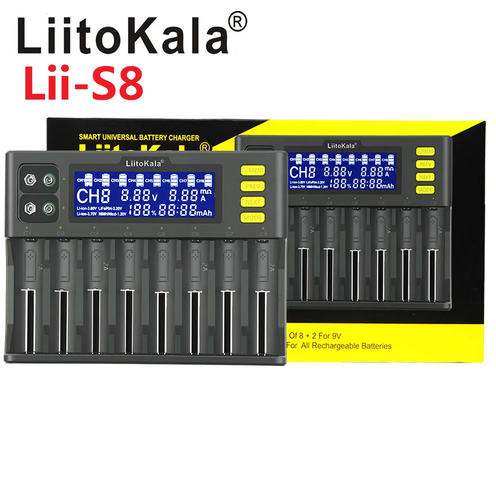 LiitoKala Lii‑S8 8‑Slot LCD Smart Battery Charger for Li‑ion LiFePO4 Ni‑MH 18650 21700 26650 AA AAA 9V Rechargeable Batteries ﻿