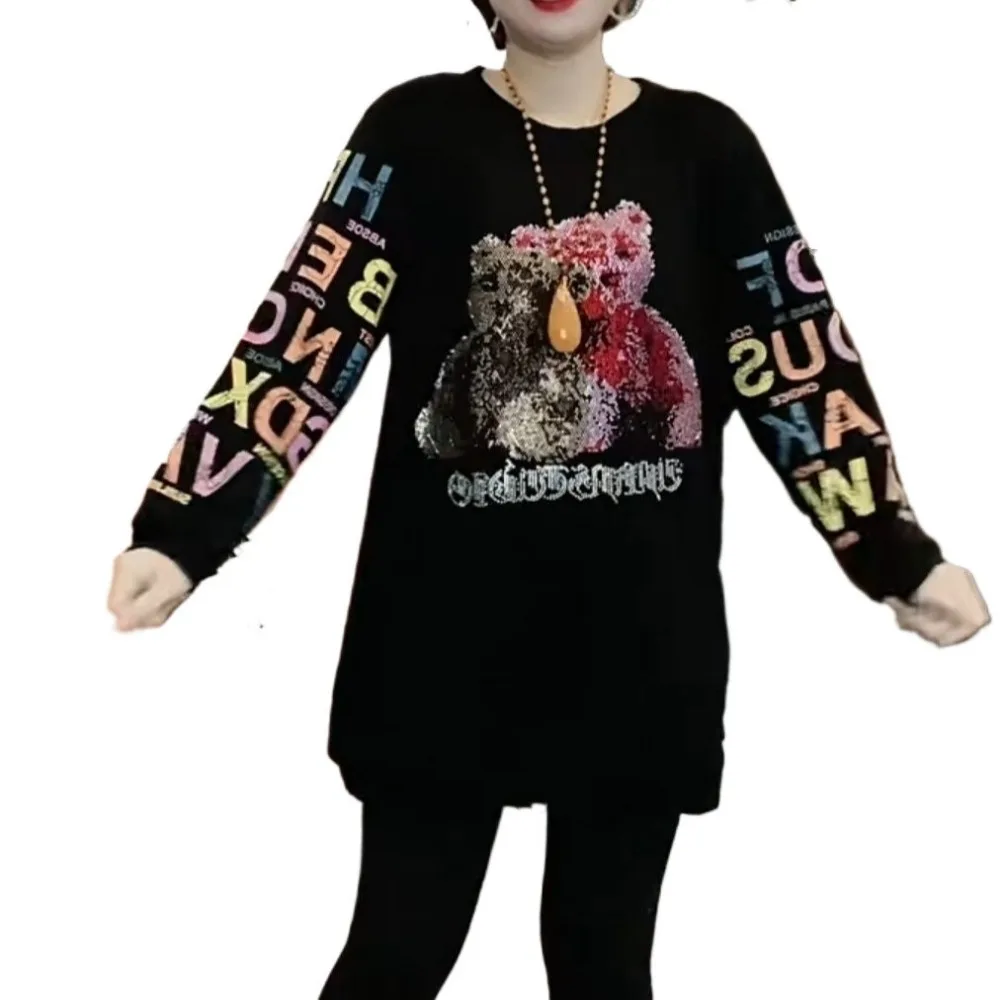 Fashionable Women's Long Loose Sweatshirt Plush Warm Long Sleeve Casual T-shirt Plus Size Bright Diamond Crew Neck Versatile Top