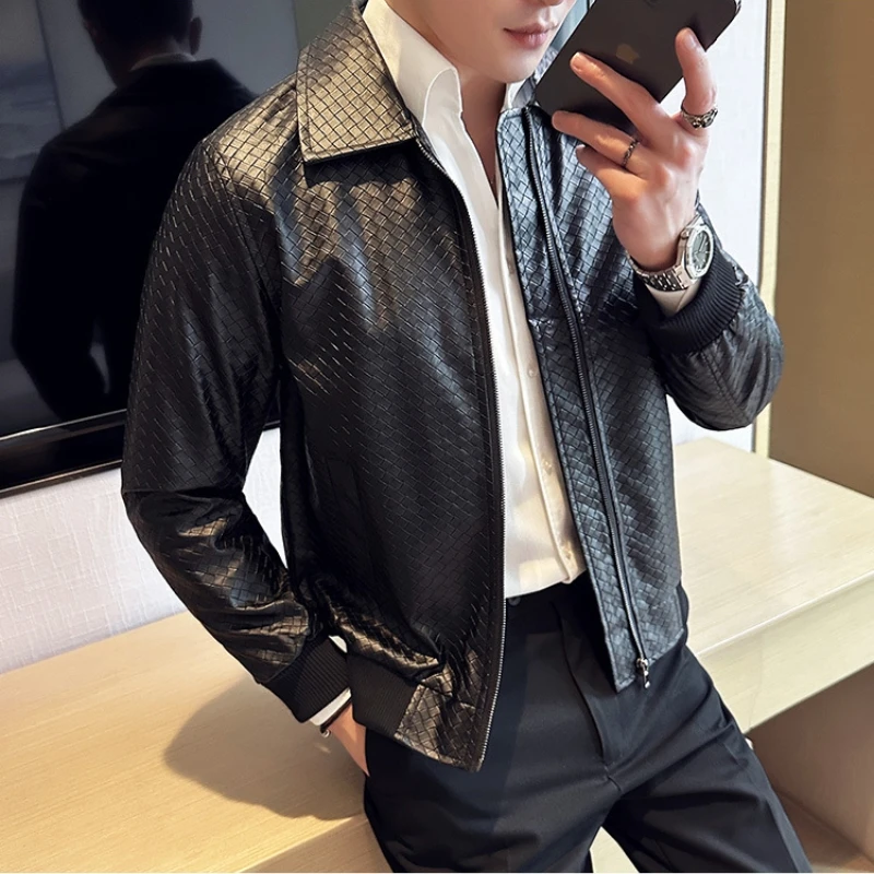 High Quality Woven Leather Jacket for Men Autumn Winter Lapel Casual Business Motorcycle Jacket Streetwear Social Overcoat 2023