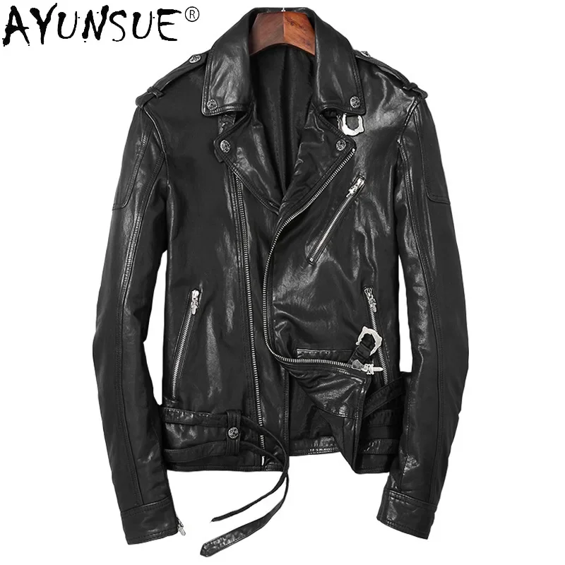 AYUNSUE 2025 Autumn Genuine Sheepskin Male Leather Jackets Black Thin Men's Clothing Biker Jacket for Men Casaco Masculino Gmm41