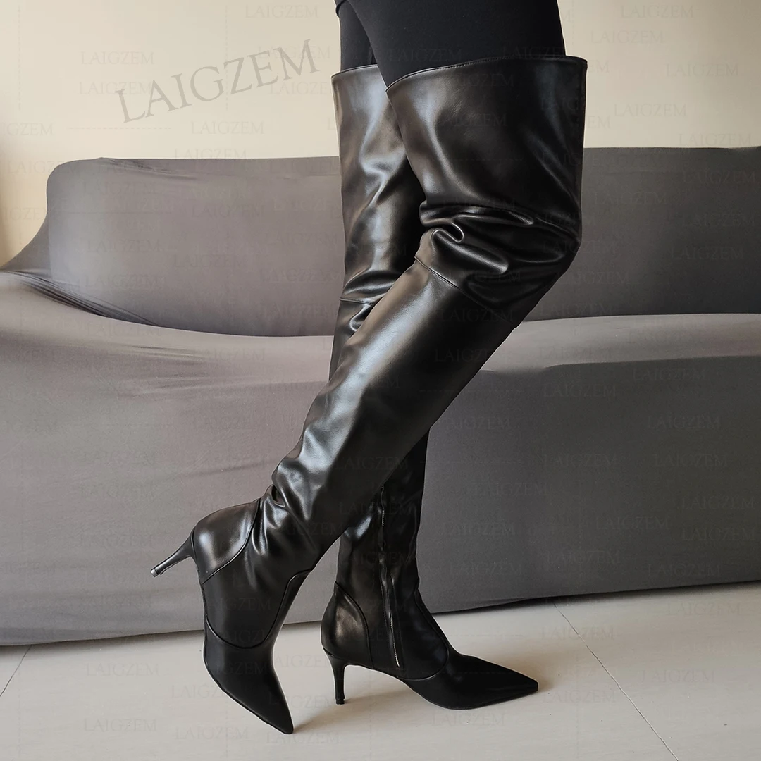 LAIGZEM Women Thigh High Boots Pointed Toe Side Zip 7.5-8CM Mid Heels Boots Over Knee Ladies Shoes Woman Plus Size 38 42 44 47