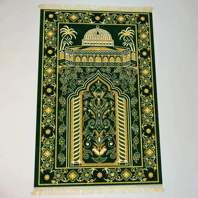 VIKAMA Velvet Muslim Prayer Rug Al Aqsa Mosque Pattern Dark Green Golden Floral Anti Slip Portable Salat Mat Home Eid Gift