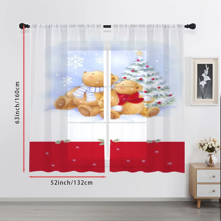 2PCS Teddy Bear Christmas Sheer Curtains, Snow Tree Red Border Print, Rod Pocket Window Drapes for Xmas Kids Room Decor