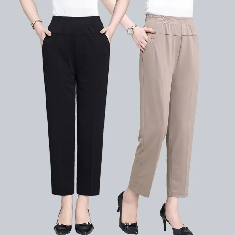 Middle Aged and Old Women Spring Summer Pant Thin Elastic Waist Loose Cotton Mother Long Casual Trousers Plus Size M-3XL