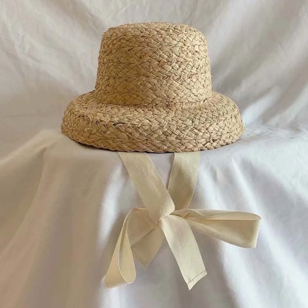 

Large Brim Children Straw Hat Rounded with Windproof Rope Toddler Beach Hat with Lace Breathable Sunshade Straw Cap Vacation