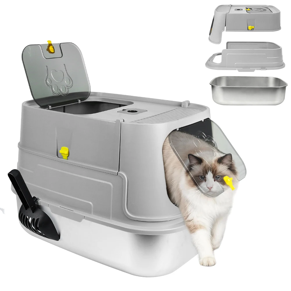 Katzentoilette für Zuhause, geschlossene Katzentoilette, Edelstahlwanne, Anti-Fußabdruck, Auslaufschutz, einfache Reinigung, für große Katzen, Tragkraft 7 kg, 36x49x40 cm