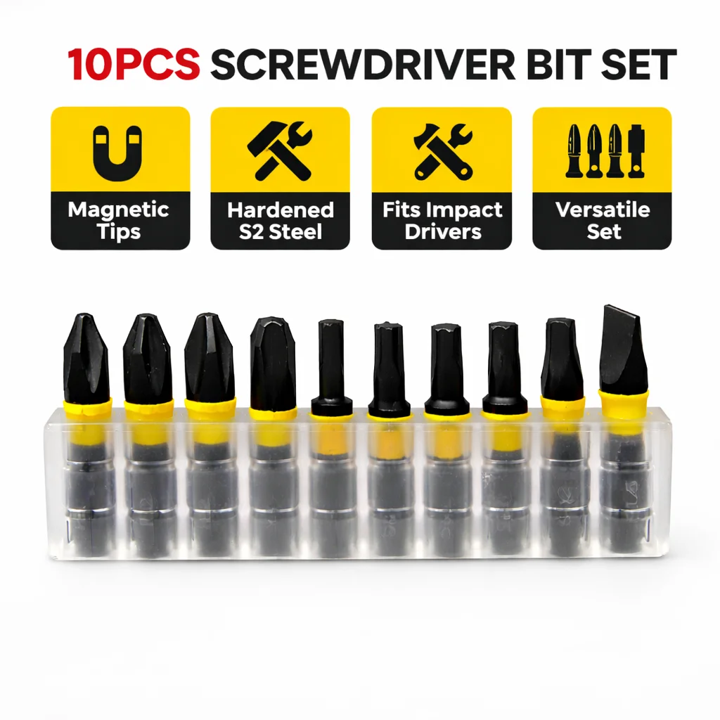 Rafford 10-Piece Magnetic Screwdriver Bit Set — S2 Steel, Includes Storage Base — Suitable for Power Drills, DIY, and Hand Tools
